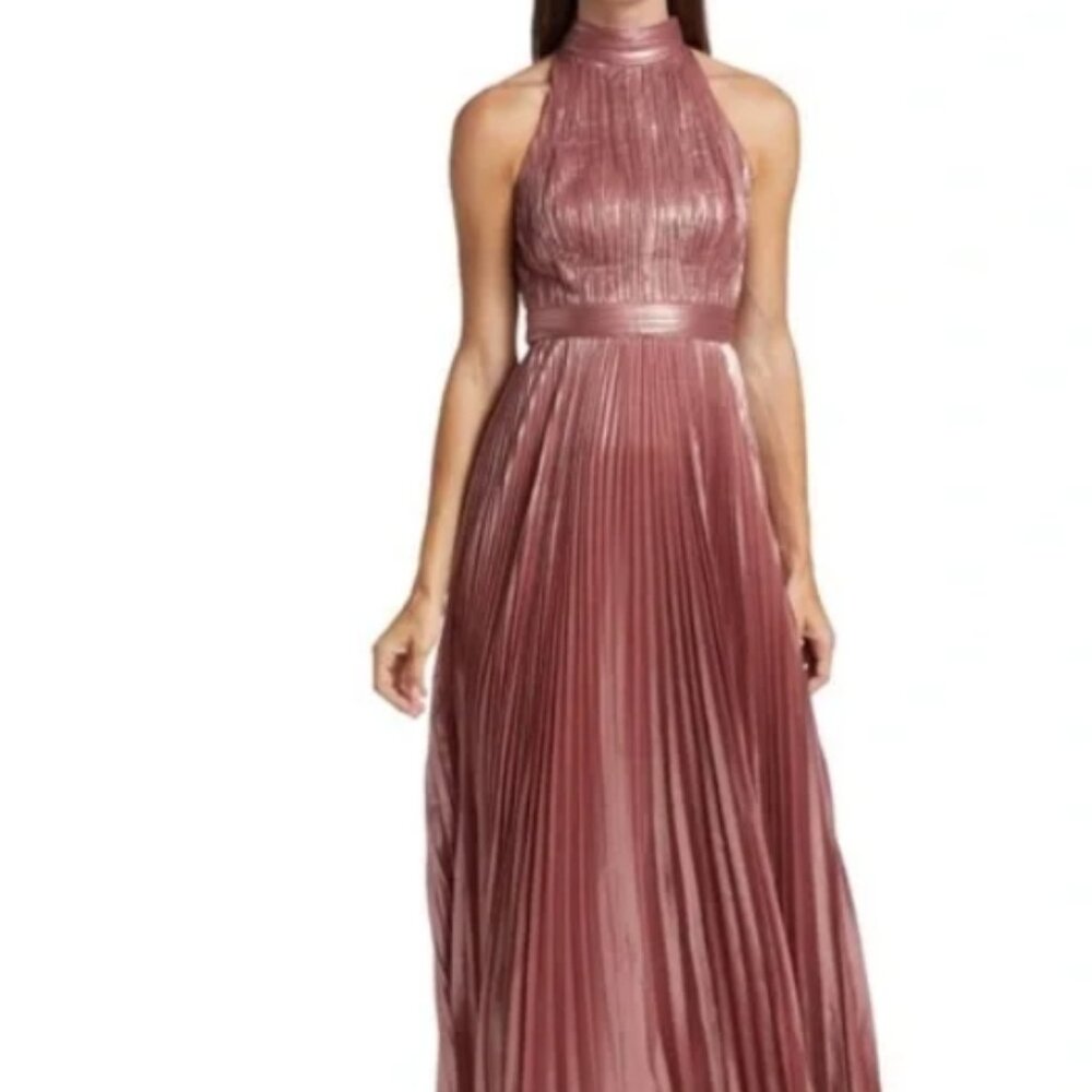 Theia Metallic Chiffon Pleated Halter Gown in Deep Rose Size 0